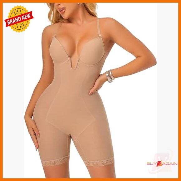 Large Shapewear Bodysuit with Built-in Bra Tummy Control Backless Plunge